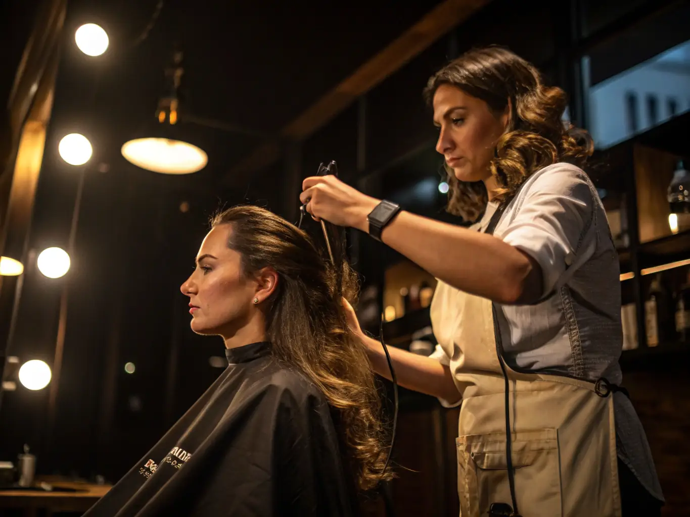 A stylist meticulously applying seamless hair extensions to a client, showcasing the added length and volume, set in a luxurious salon environment with gold accents.