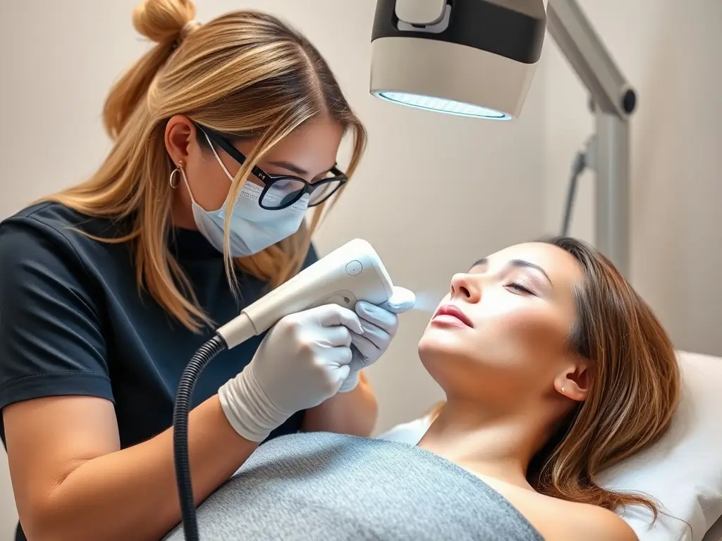 A client relaxing during a laser hair removal session, with a technician using a state-of-the-art laser device, in a clean and modern treatment room.