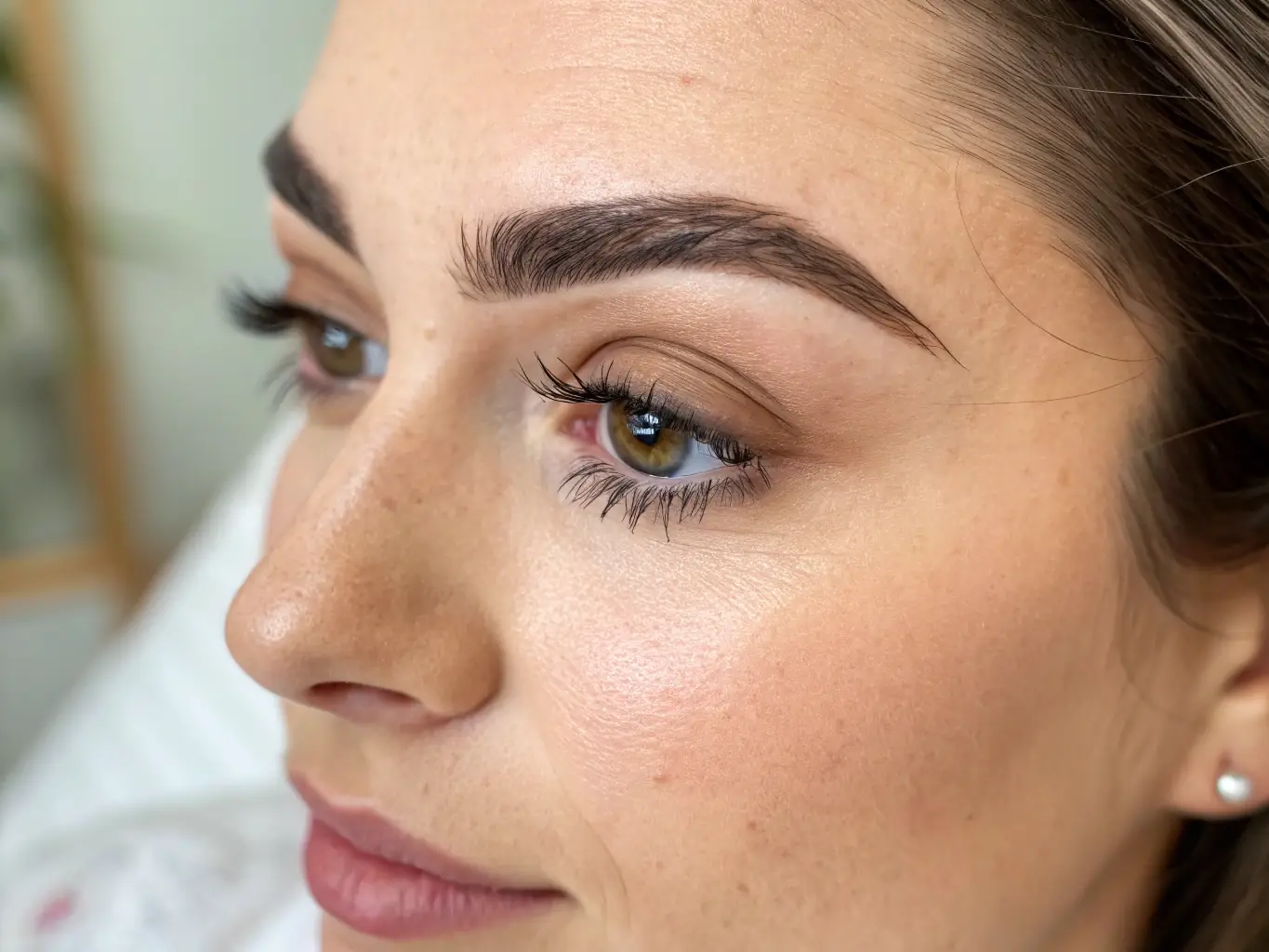 A close-up shot of perfectly shaped and filled eyebrows after a permanent makeup procedure, highlighting the precision and artistry involved.